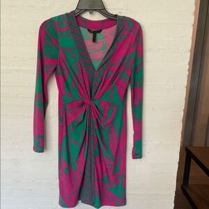 BCBGMaxAzria Pink and Green Sheath Dress Long Sleeve V-Neck